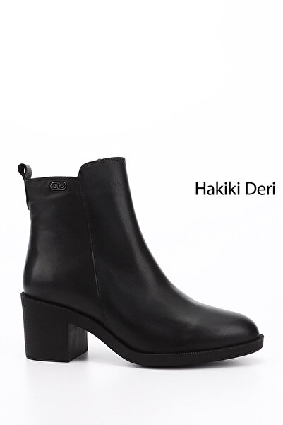 GÖNDERİ(R) Women's Black Zippered Thick Heeled Genuine Leather Boots
