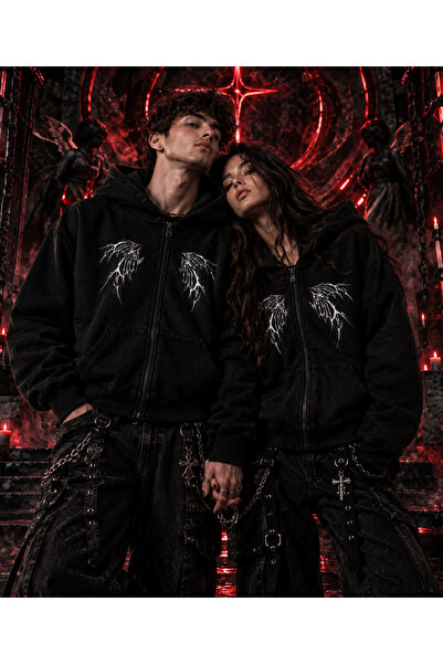 dompulerimoda Gothic Angel Wing Oversize Zippered Black Unisex Hooded Cardigan