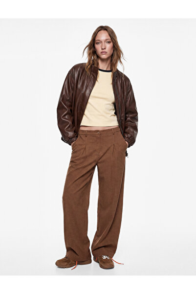 Koton Regular Waist Pleated Pocketed Buttoned Balloon Fit Plaid Barrel Trousers
