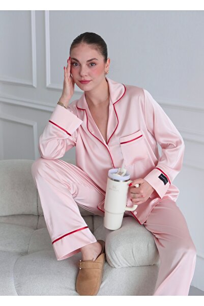 Brand Of Zaz Pudra Pembe Kırmızı Biyeli Saten Uzun Kollu Pijama Takımı