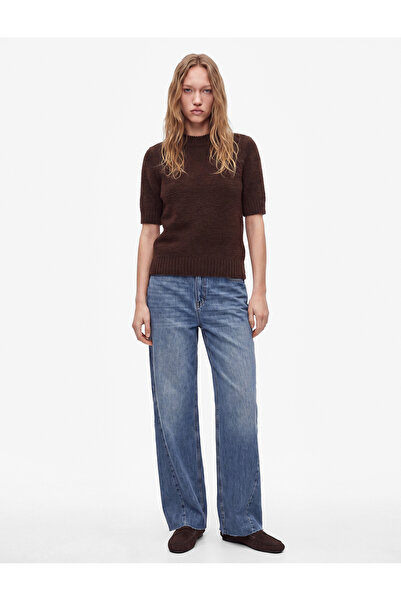 Koton High Waist Wide Leg Denim Trousers with Stitching Detail and Button Poc...