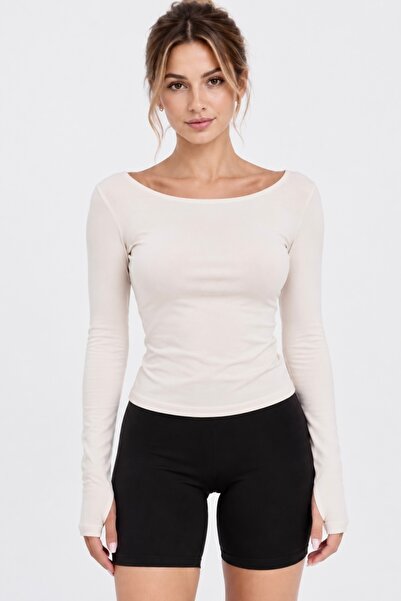 bb butik basic Soft Touch Parmak Geçmeli Kayık Yaka Bluz MDK35