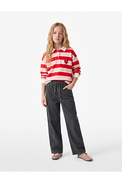 Koton Cotton High Waist Lace-Up Velvet Wide Leg Pants