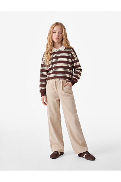 Koton Cotton High Waist Lace-Up Velvet Wide Leg Pants