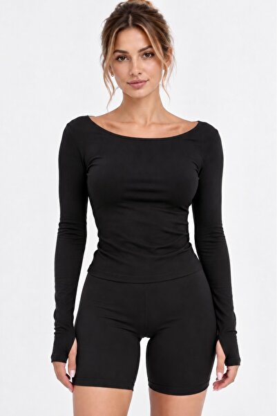 bb butik basic Soft Touch Parmak Geçmeli Kayık Yaka Bluz MDK35