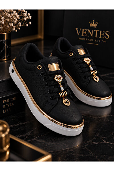 Ventes Kadın Kalın Taban Sneaker – Taş, İnci ve Kalp Aksesuar Detaylı Şık Gün...