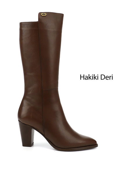 GÖNDERİ(R) Women's Brown Antique Pointed Toe Thick Heeled Genuine Leather Boots