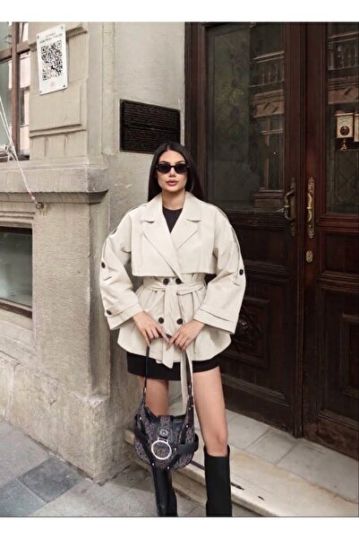 timagna Kadın Oversize Trençkot Belden Baglamalı Taş Rengi Dış Giyim