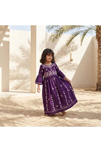 OEMS جلابية بنات مطرزة - باذنجان - 4