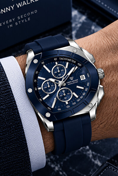 Tonny Walker Original Men's Watch - 3 Atm Water Resistance - Navy Blue Color Silicone Band - Multifunction Mechanism - 2 Year Warranty - Stylish Boxed Gift Wristwatch Tw211C2