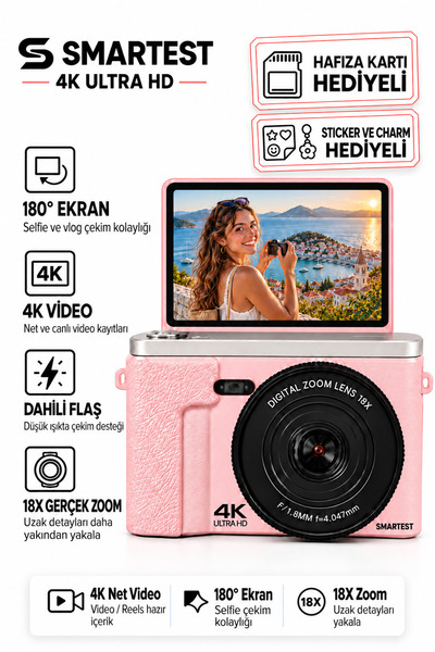 SMARTEST 4K Dijital Fotoğraf Makinesi 48MP Flip Ekran Gerçek 18X Zoom Flaşlı ...