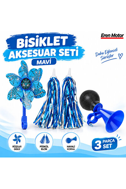 Yerli Bisiklet Aksesuar Seti - Mavi (Rüzgar Gülü + Püskül Elcik + Havalı Korna)