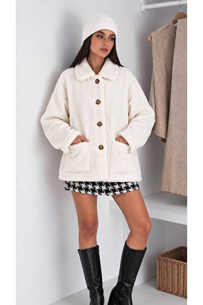 edz moda moda ve tarzın buluştuğu nokta Kadın Beyaz Peluş Welsoft Cepli Hırka...