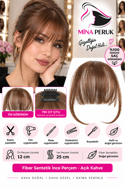 Mina Peruk Fiber Sentetik İnce Perçem - Açık Kahverengi