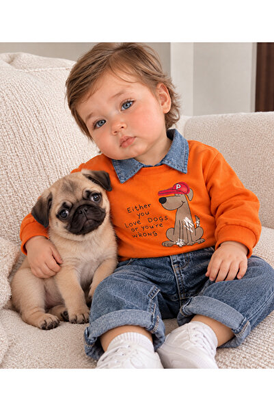 Bolly Baby Polo Yaka Sevimli Köpek Baskılı Sök Tak Yaka Likralı Kot Pantolon ...