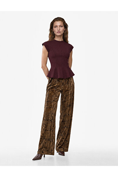 Koton Pleated Textured Straight Wide Leg Velvet Trousers with Pockets