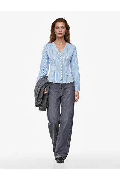 Koton Cotton Long Sleeve V-Neck Buttoned Waist Accented Pleated Striped Shirt
