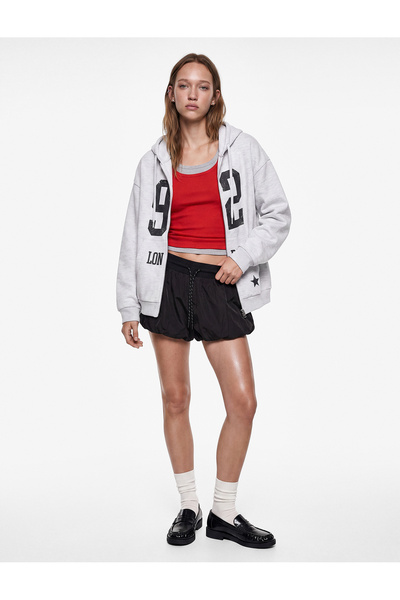 Koton Printed Oversize Sweatshirt with Raised Long Sleeves, Hood, Zipper, and...