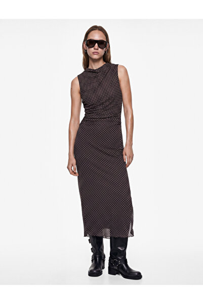 Koton Slim Fit Crew Neck Sleeveless Draped Polka Dot Long Tulle Dress