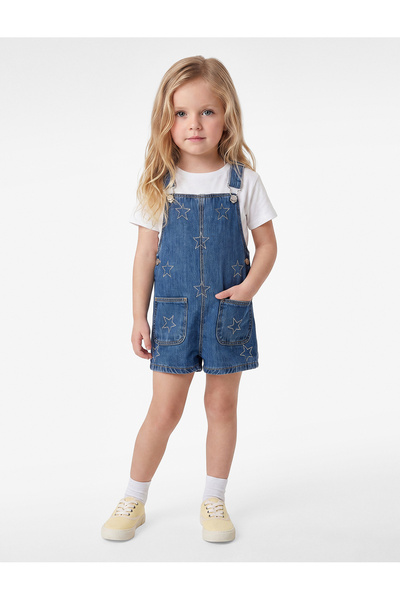 Koton Cepli Yıldız İşlemeli Pamuklu Kare Yaka Askılı Denim Salopet Tulum