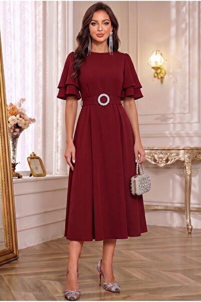 ALFUDO Moda Collection Kuşaklı Katlı Kollu Midi Elbise Kombini