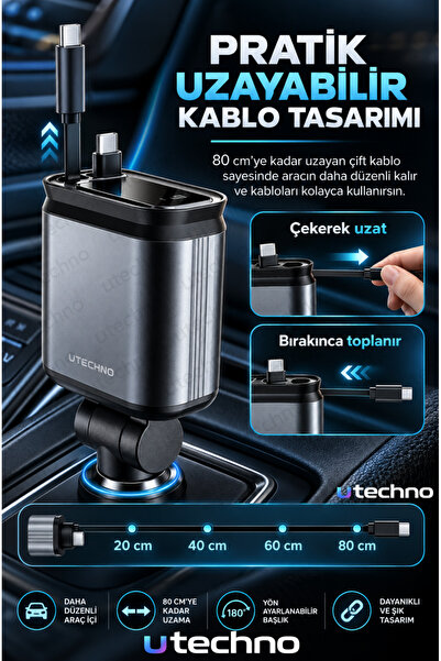 utechno 66W 4in1 Tavan Aydınlatmalı Araç İçi Çakmaklık Şarj Aleti Type-C Lightning Kablolu USB + Type-C Giriş PD Hızlı Şarj