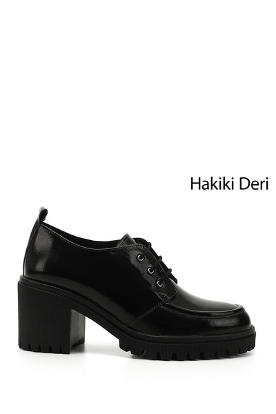 GÖNDERİ(R) Black Patent Leather Genuine Leather Round Toe Thick Heeled Lace u...