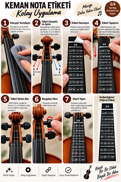 happypotam 3\4 keman-nota-etiket-kolay öğrenme-sticker-klavye-çıkartma-violin-keman aksesuar