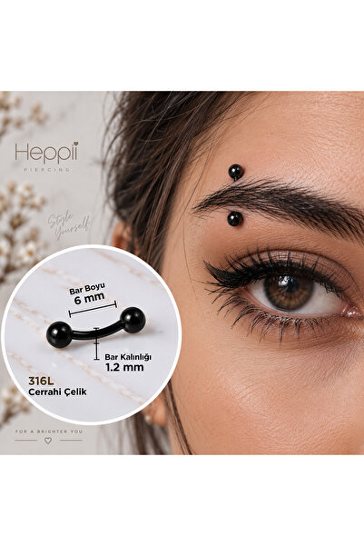 Heppii Cerrahi Çelik Siyah Renkli Kaş Piercingi 6 mm