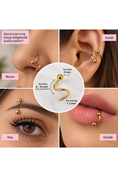Heppii Gold Renk Cerrahi Çelik Spiral Piercing Kulak Dudak Burun Kaş Kıvrımlı...