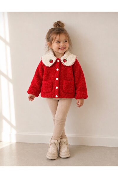 Mono Kids Kız Çocuk Çilek Nakışlı Yakalı Kırmızı Peluş Hırka