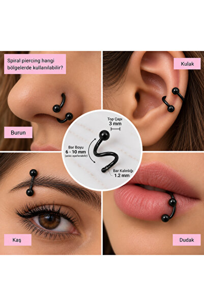 Heppii Siyah Renk Cerrahi Çelik Spiral Piercing Kulak Dudak Burun Kaş Kıvrıml...