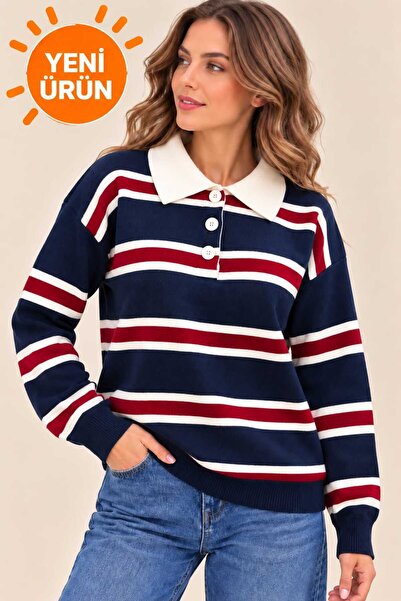 Qlis Yeni Sezon Oversize Polo Yaka Düğmeli Çizgili Premium Kalite Standart Be...