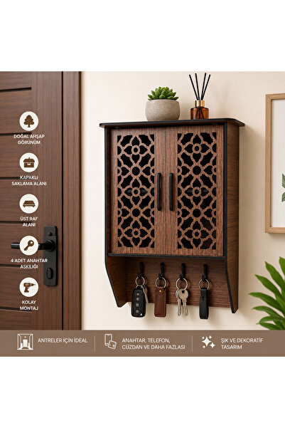 Kapaklı Ahşap Anahtarlık Organizer Raflı Duvar Askılığı Ceviz Desenli MDF Antre Düzenleyici