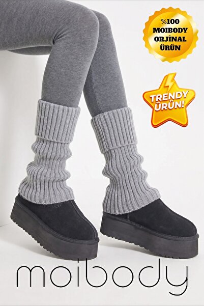 Moibody Premium %100 Akrilik Triko Örgü Leg Warmer Ayak Isıtıcı Tozluk Gri