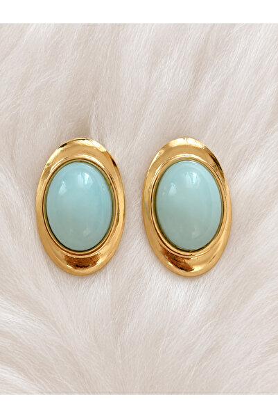 LENORE Kadın Gold Çerçeveli Mint Sedefli Oval Vintage Küpe