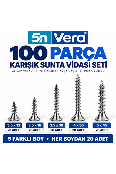 5N VERA 5N VERA 100 Parça Sunta Vidası Seti | Ahşap Vidası | YHB Yıldız Havşa...