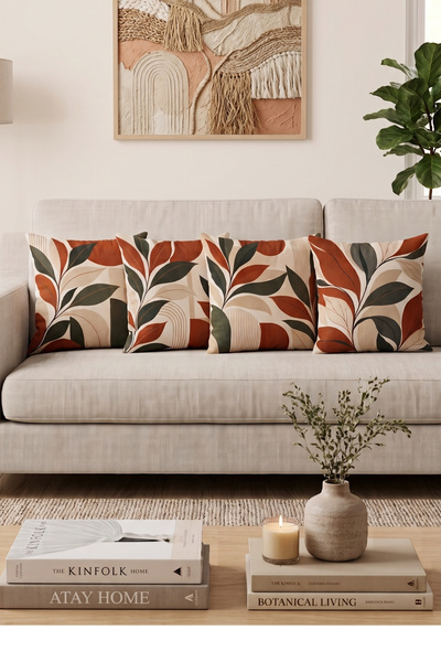 Atay Home 4'lü Kiremit Soyut Yaprak Desenli Dekoratif Kırlent Kılıfı Seti - Ç...