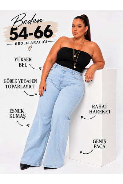 nd jeans WİDE LEG JEANS PREMİUM KADIN EXTRA BÜYÜK BEDEN SÜPER YÜKSEK BEL ESNE...