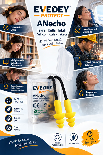 Evedey ANecho® Tekrar Kullanılabilir Gürültü Önleyici ve Yüzme Kulak Tıkacı