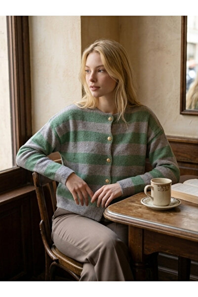Fix Modalife Women's Striped Crew Neck Gold Buttoned Knitwear Knitted Cardiga...