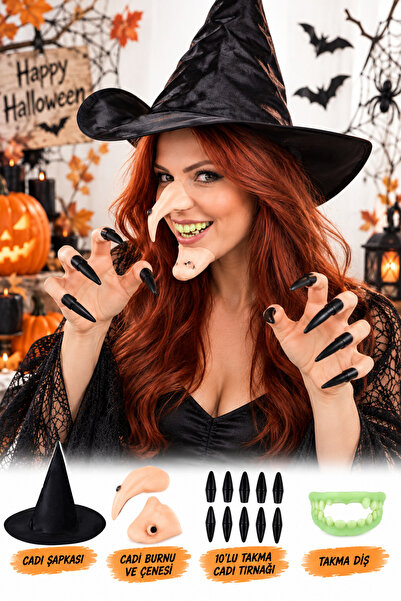 Parti dolabı 5li Halloween Cadı Şapkası Seti (Siyah Şapka+Burun+Çene+Tırnak+D...