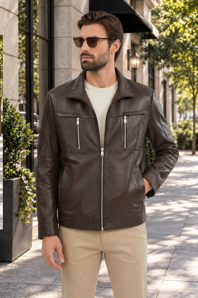 DERİJE Roberto Genuine Leather Men's Chestnut Color Coat - Premium Leather Ja...