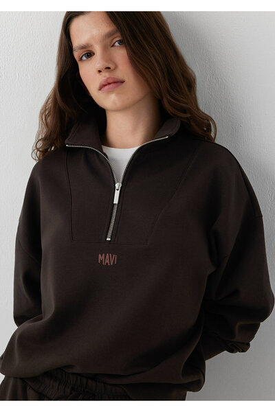 Mavi Yarı Fermuarlı Kahverengi İnterlok Sweatshirt 1S20016-70240