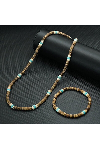 Choice Brown Stylish 2Pcs Wooden Beaded Bracelet Necklace Set Men Natural Coc...