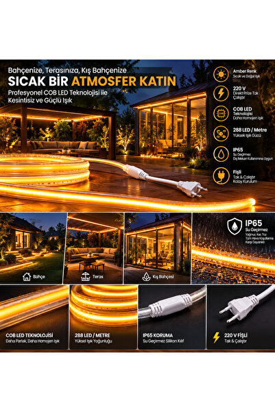YEO AYDINLATMA COB LED Hortum Şerit Led Amber Rengi 220V IP65 Su Geçirmez Dış...