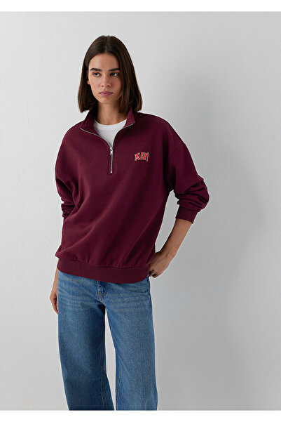 Mavi Logo Baskılı Yarı Fermuarlı Bordo Sweatshirt 1S10179-90705