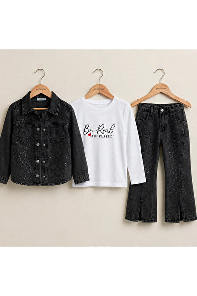 GREYFURTKİDS Stone Embroidered Triple Girls' Jeans Set