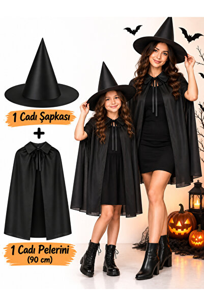 Parti dolabı Halloween Cadı Şapkası Siyah Düz Pelerin Seti, Cadılar Bayramı C...