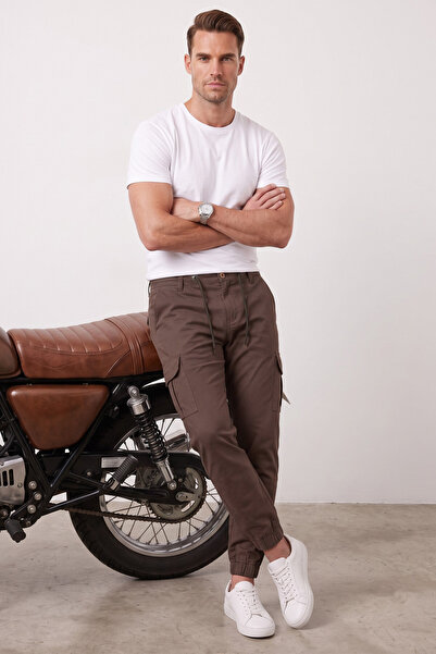 Rizz up Men's Slim Fit Lycra Brown Cargo Jogger Pants – Drawstring Waist Elas...